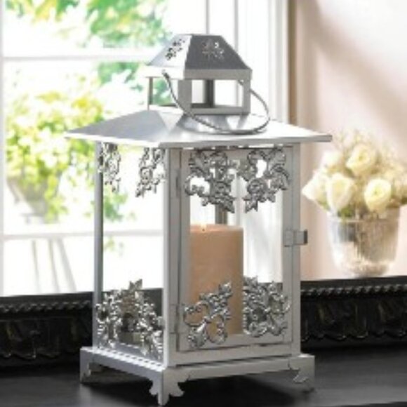 SILVER SCROLL WORK CANDLE LANTERN - Picture 3 of 3